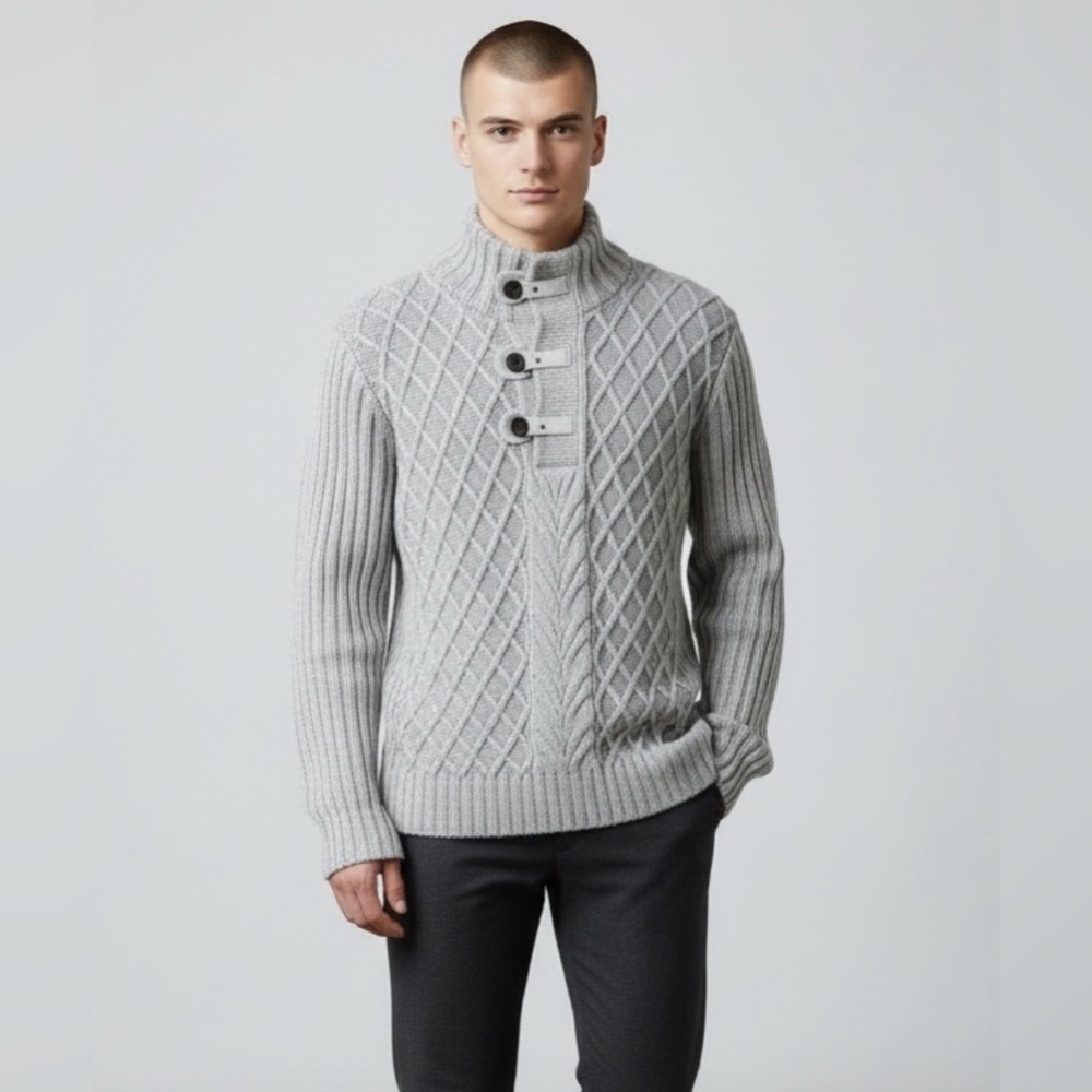 Estare Mens XI Gray White Diamond Cable Knit Wool Blend Toggle Sweater MockNeck
